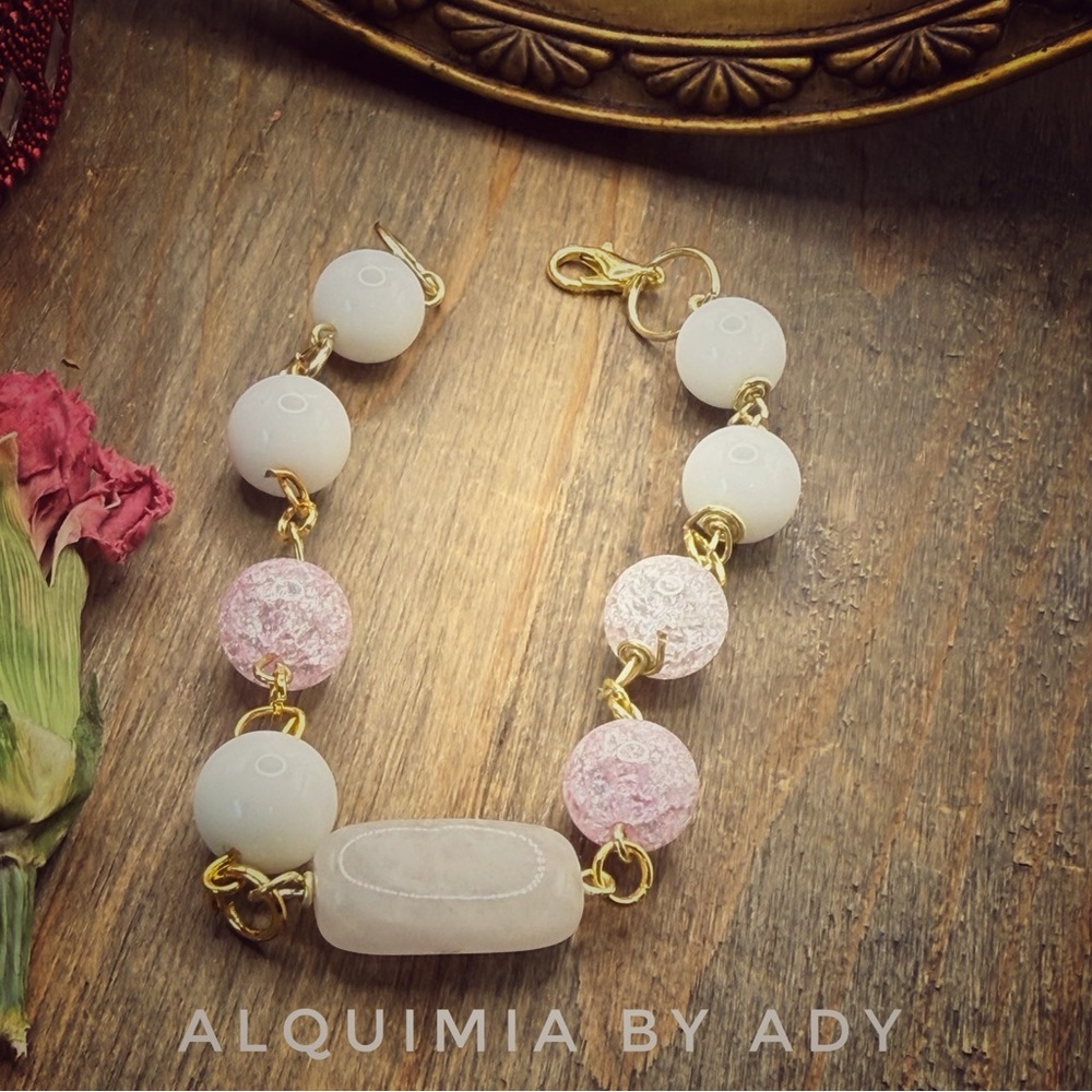 WHITE JADE + Rose Quartz and Gold Bracelet